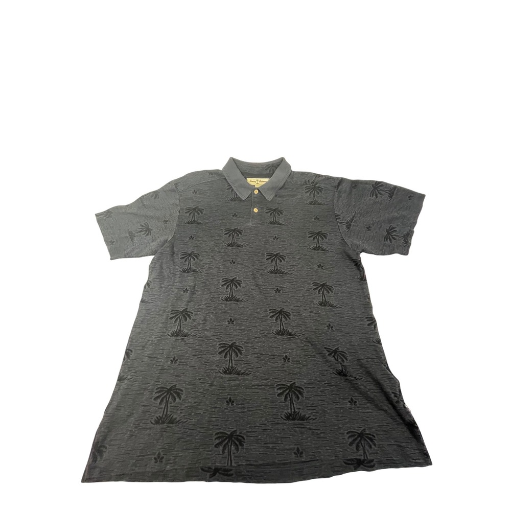 Tommy Bahama Mens Large Gray Silk Cotton Palm Tree Floral Short Sleeve Polo